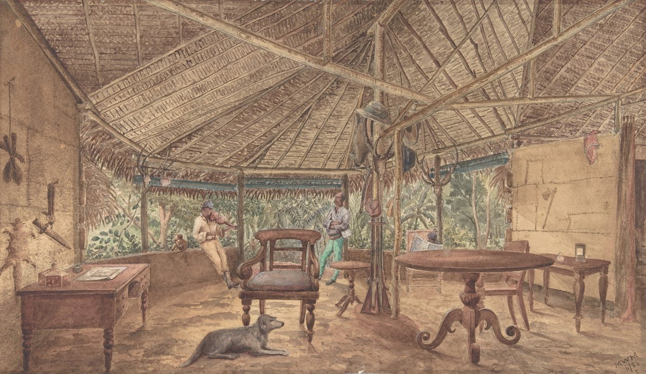 Eurooppalaiset miehet afrikkalaisessa viidakomajassa, 1886. tekijältä Unbekannt