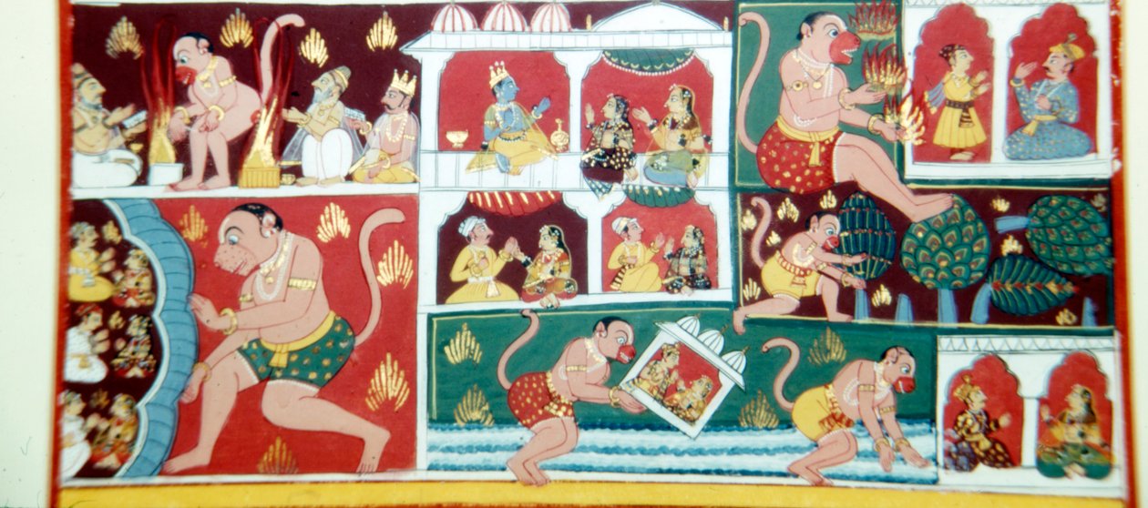 Hanuman, apina-demoni, joka aiheuttaa pahuutta ihmisten keskuudessa, n. 1730 tekijältä Unbekannt