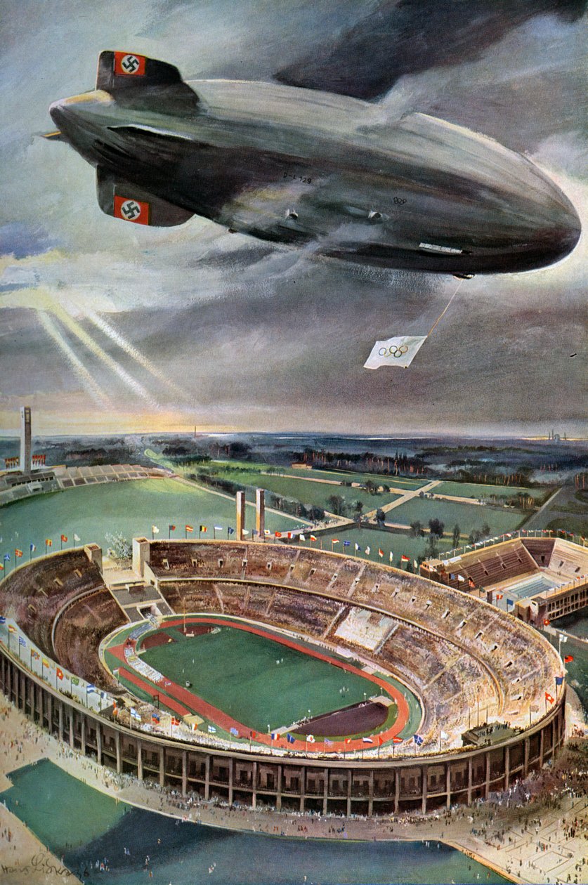 Hindenburg-zeppeliini Olympiastadionin yläpuolella, Berliini, 1936 tekijältä Unbekannt