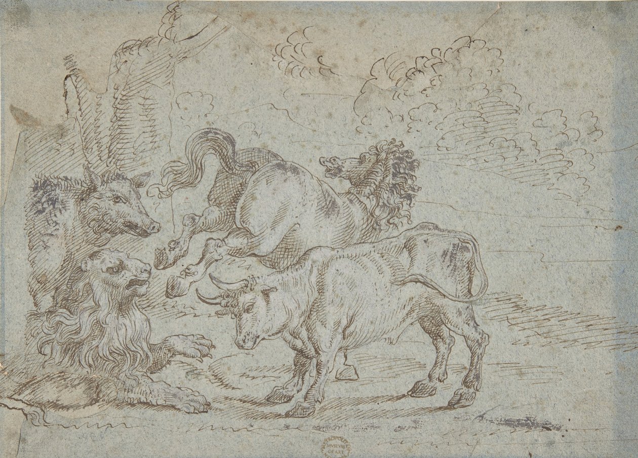 Hevonen, härkä, leijona ja villisika, 1600-luku. tekijältä Unbekannt