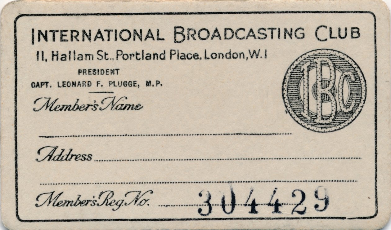 International Broadcasting Club: Jäsenkortti, 1930-luku tekijältä Unbekannt