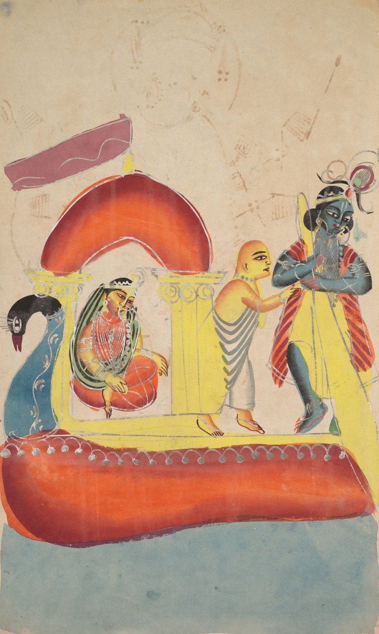Krishna lautalla Radhaa Yamuna-joen poikki, 1800-luku. tekijältä Unbekannt