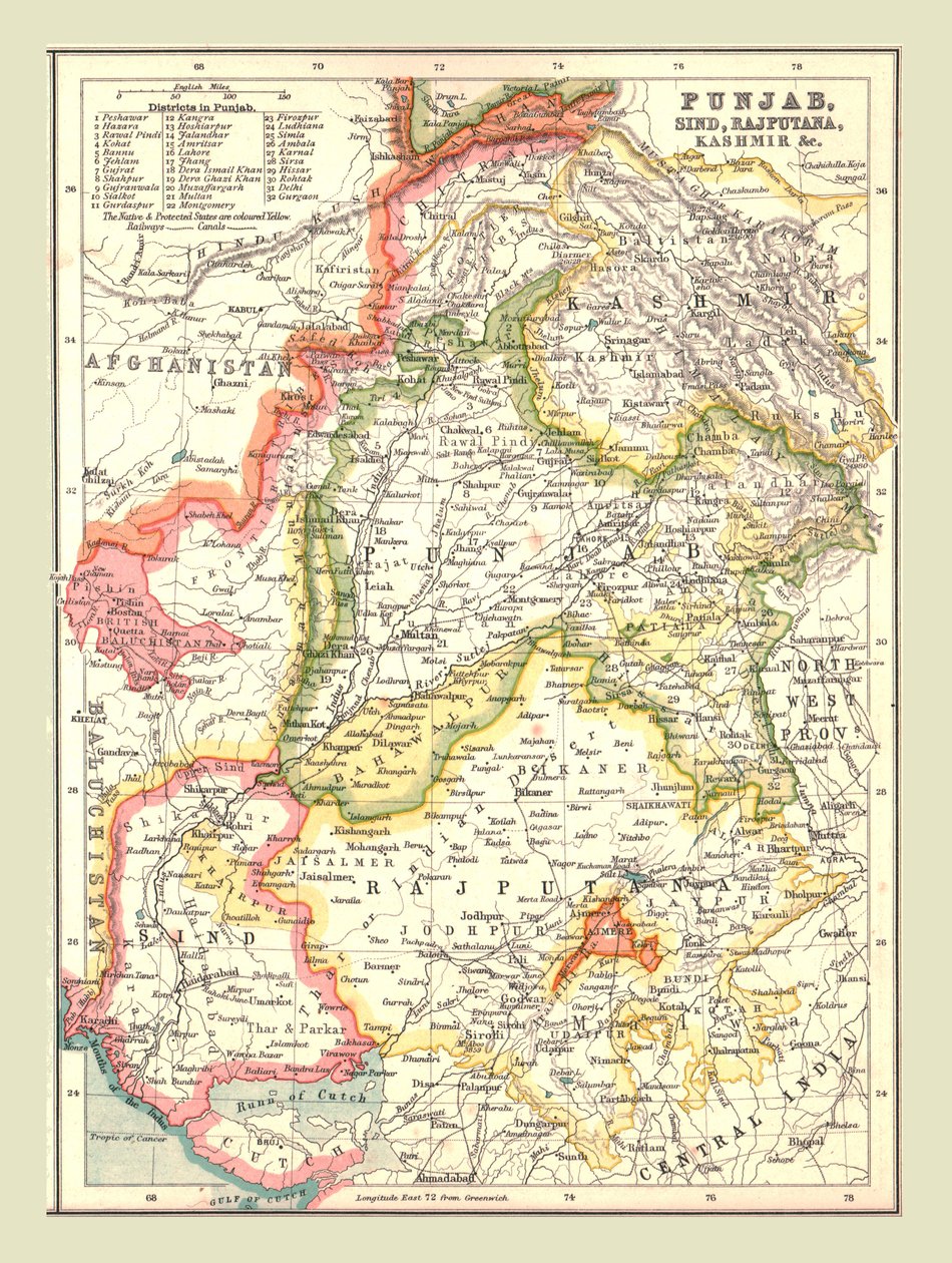 Punjabin, Sindin, Rajputanan ja Kashmirin kartta, 1902. tekijältä Unbekannt