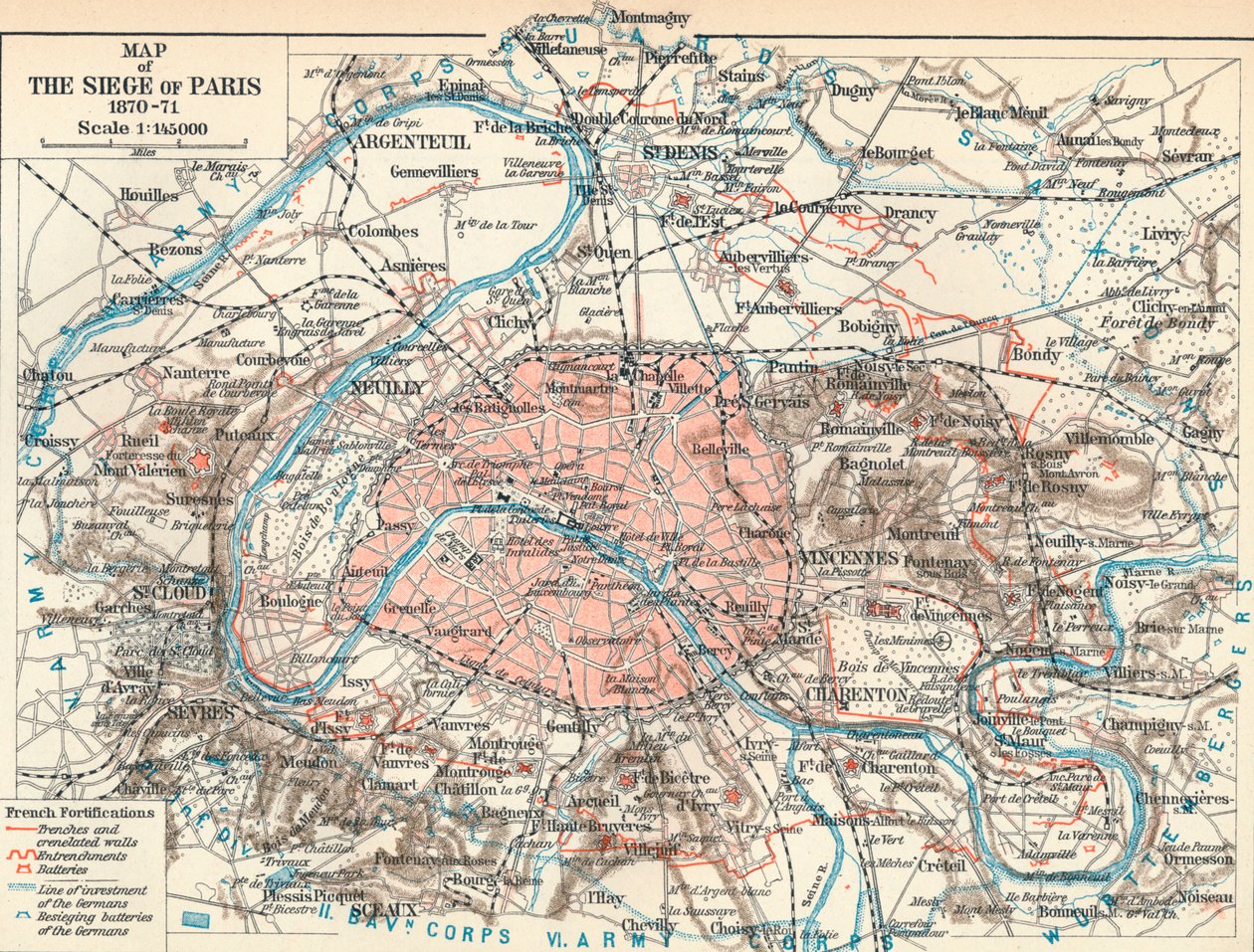 Kartta Pariisin piirityksestä, 1870-71, 1907 tekijältä Unbekannt