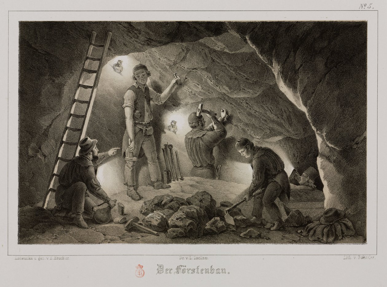 Kaivostoiminta, metallimalmit kaivostyöläiset, Saksa, n. 1851 tekijältä Unbekannt