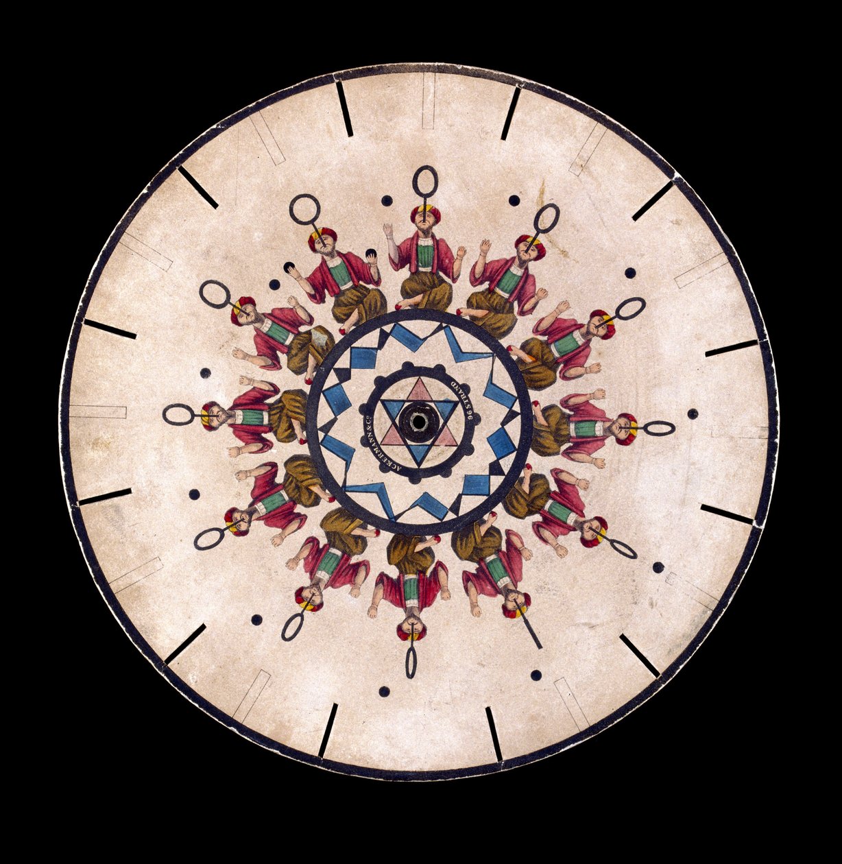 Fenakistiskooppi (Phenakistoscope) -levy, jossa näkyy jonglööri, n. 1830 tekijältä Unbekannt
