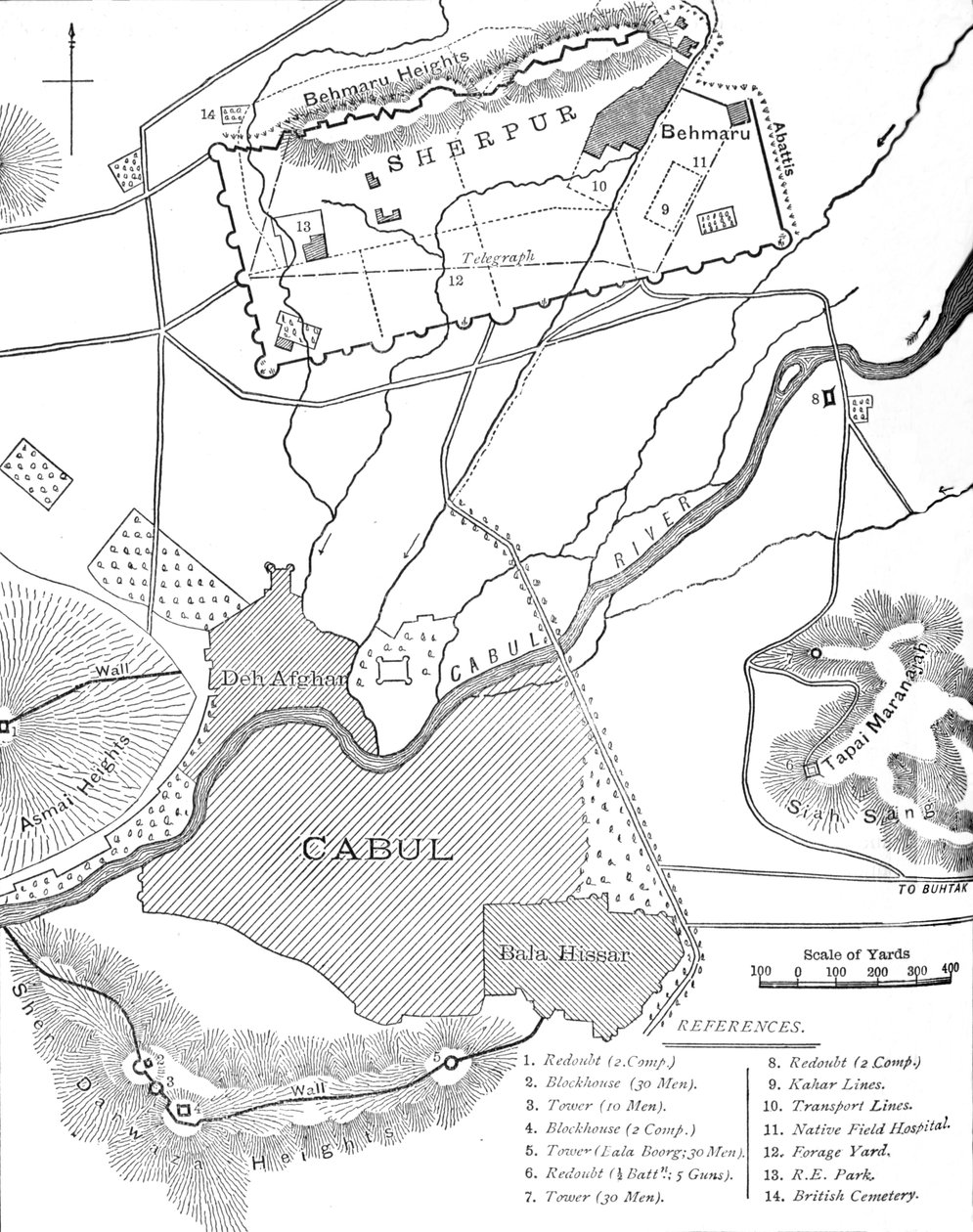 Sherpur Cantonmentsin suunnitelma, n. 1880 tekijältä Unbekannt