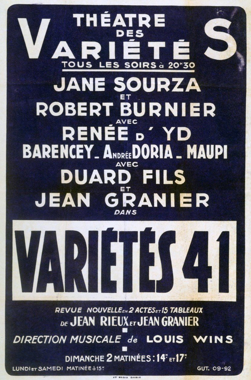 Mainosjuliste Variétés 41 -varieteesta, Ranska, 1941 tekijältä Unbekannt