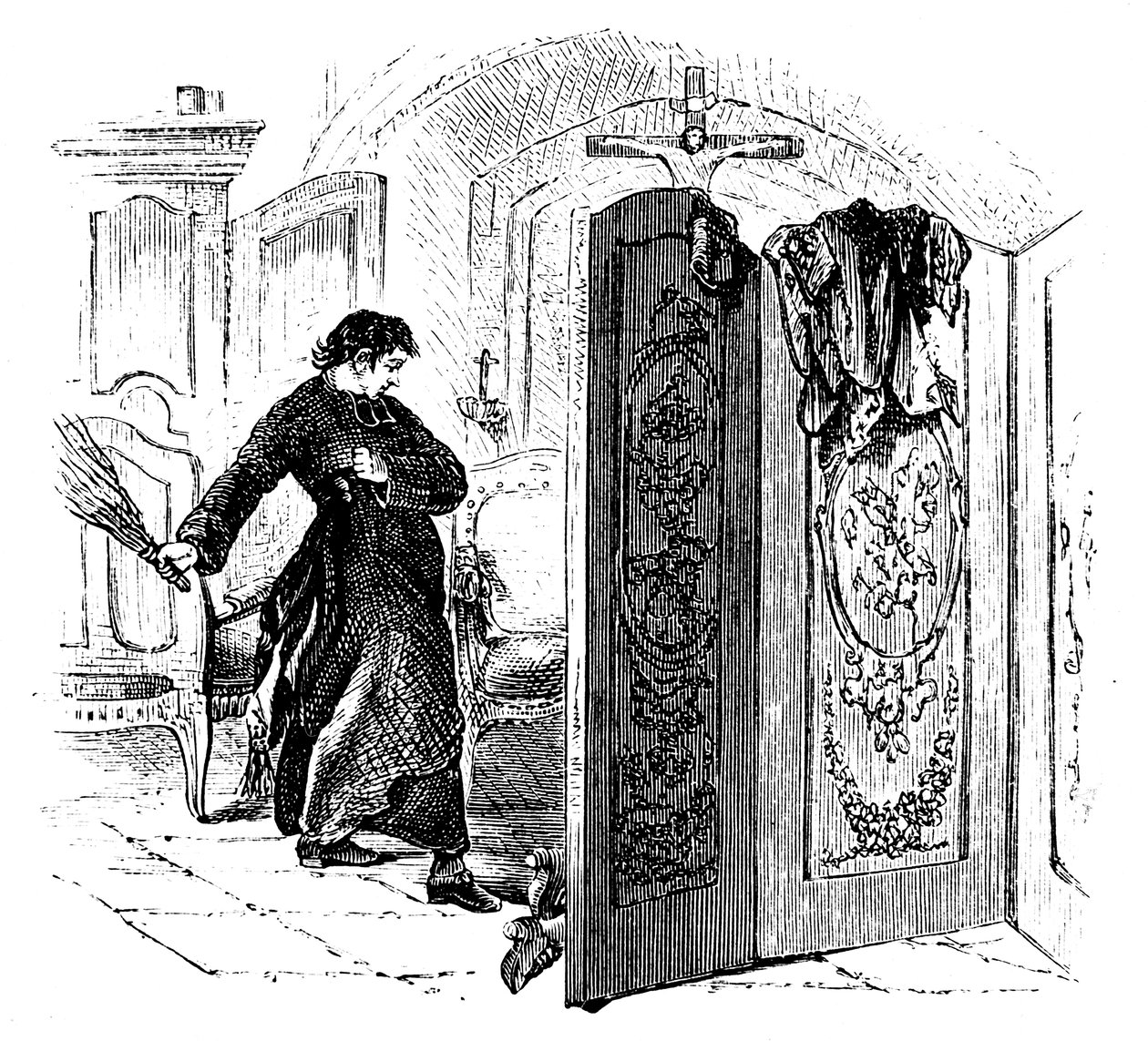 Pappi piiskaa katuvaa koivulla, n. 1876 tekijältä Unbekannt