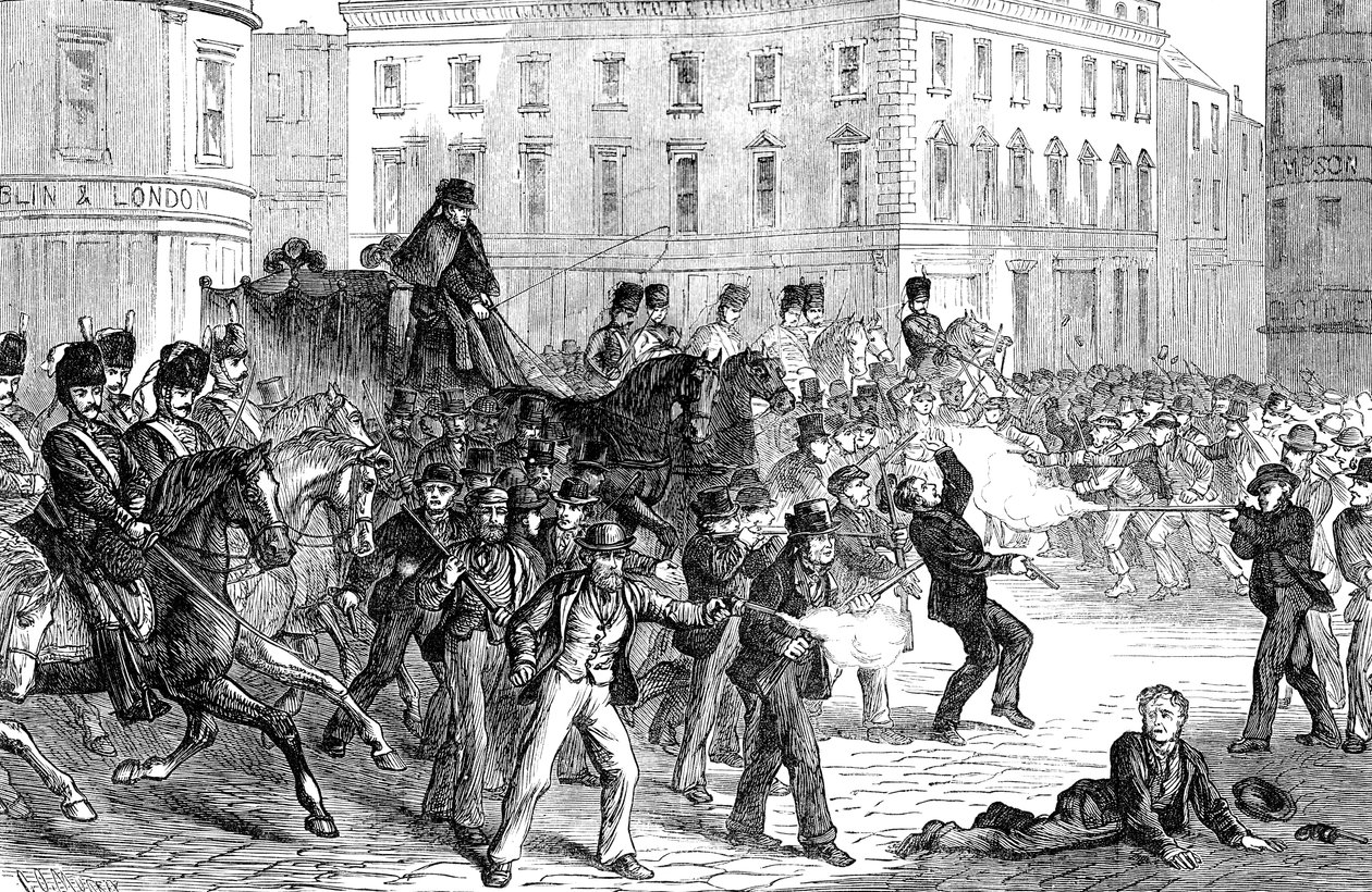 Kohtaus Belfastin mellakosta 1800-luvun lopulla tekijältä Unbekannt
