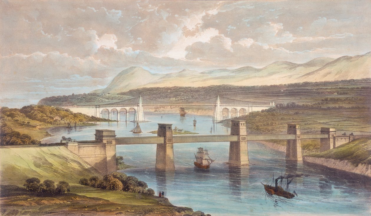 Britannia Tubular Bridge, Menain salmi, Wales, c1850 tekijältä Unbekannt