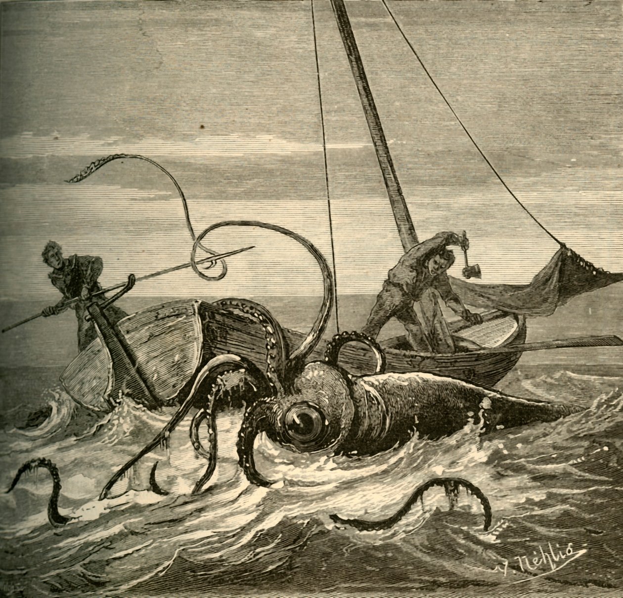Kalastajien taistelu jättiläiskalmarin kanssa, 1881. tekijältä Unbekannt