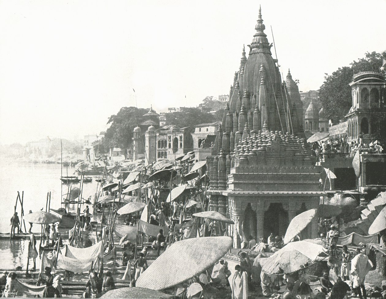 Vishnu-lampi ja Ghat, Benares, Intia, 1895. tekijältä Unbekannt