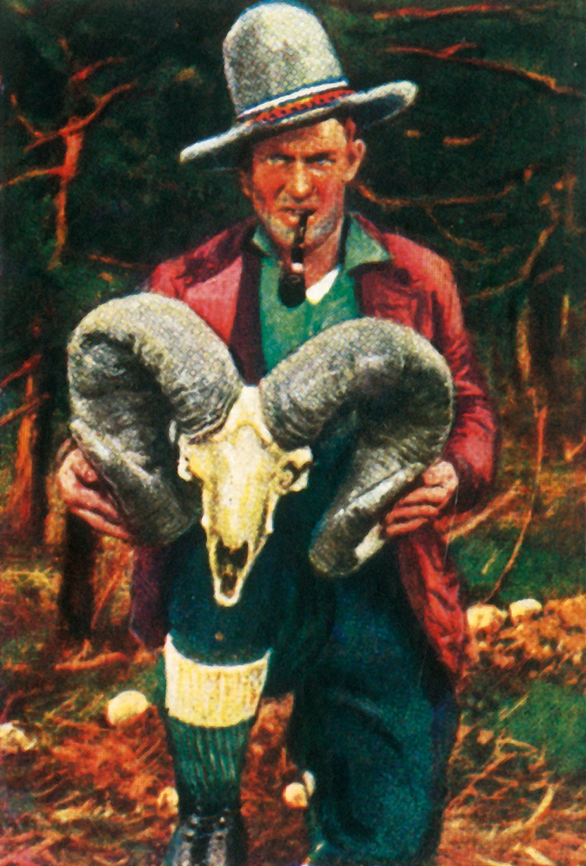 Trophy-metsästäjä, jolla on Bighorn-lammaskallo, vuodelta 1928. tekijältä Unbekannt