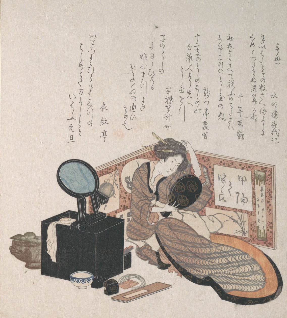 Nainen järjestämässä hiuksiaan, 1800-luku. tekijältä Unbekannt