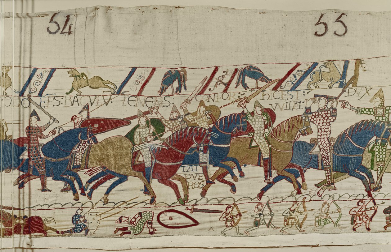 Piispa Odo kehottaa nuoria sotilaita, Bayeux Tapestry tekijältä Unbekannt Unbekannt