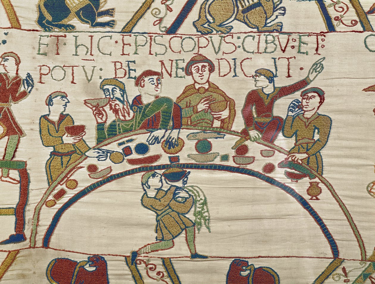 Piispa Odo siunaa ruokaa ja viiniä, Bayeux Tapestry tekijältä Unbekannt Unbekannt