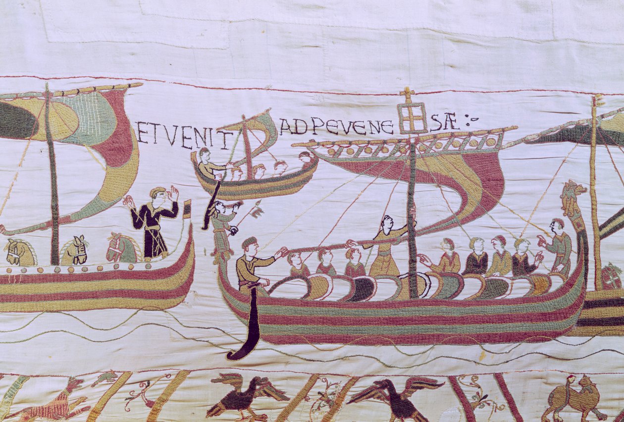Duke William ja Normanin hyökkäyslaivasto ylittävät kanavan, Bayeux Tapestry tekijältä Unbekannt Unbekannt