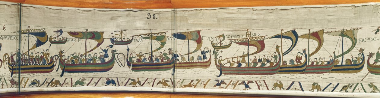 Normanin hyökkäyslaivasto ylittää kanavan, Bayeux Tapestry tekijältä Unbekannt Unbekannt