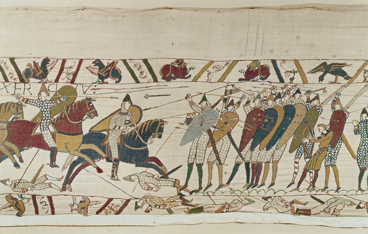 Taistelu liittyy normannien ratsuväen kimppuun Englannin kilpi-muuria, Bayeux Tapestryä vastaan tekijältä Unbekannt Unbekannt