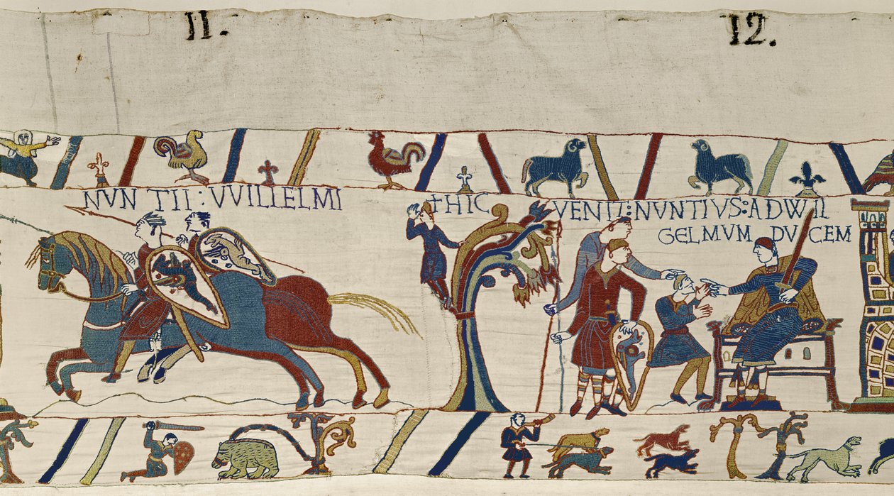 Duke Williamin aseistetut ratsastajat saapuvat saattamaan Haroldin hänen luokseen, Bayeux Tapestry tekijältä Unbekannt Unbekannt