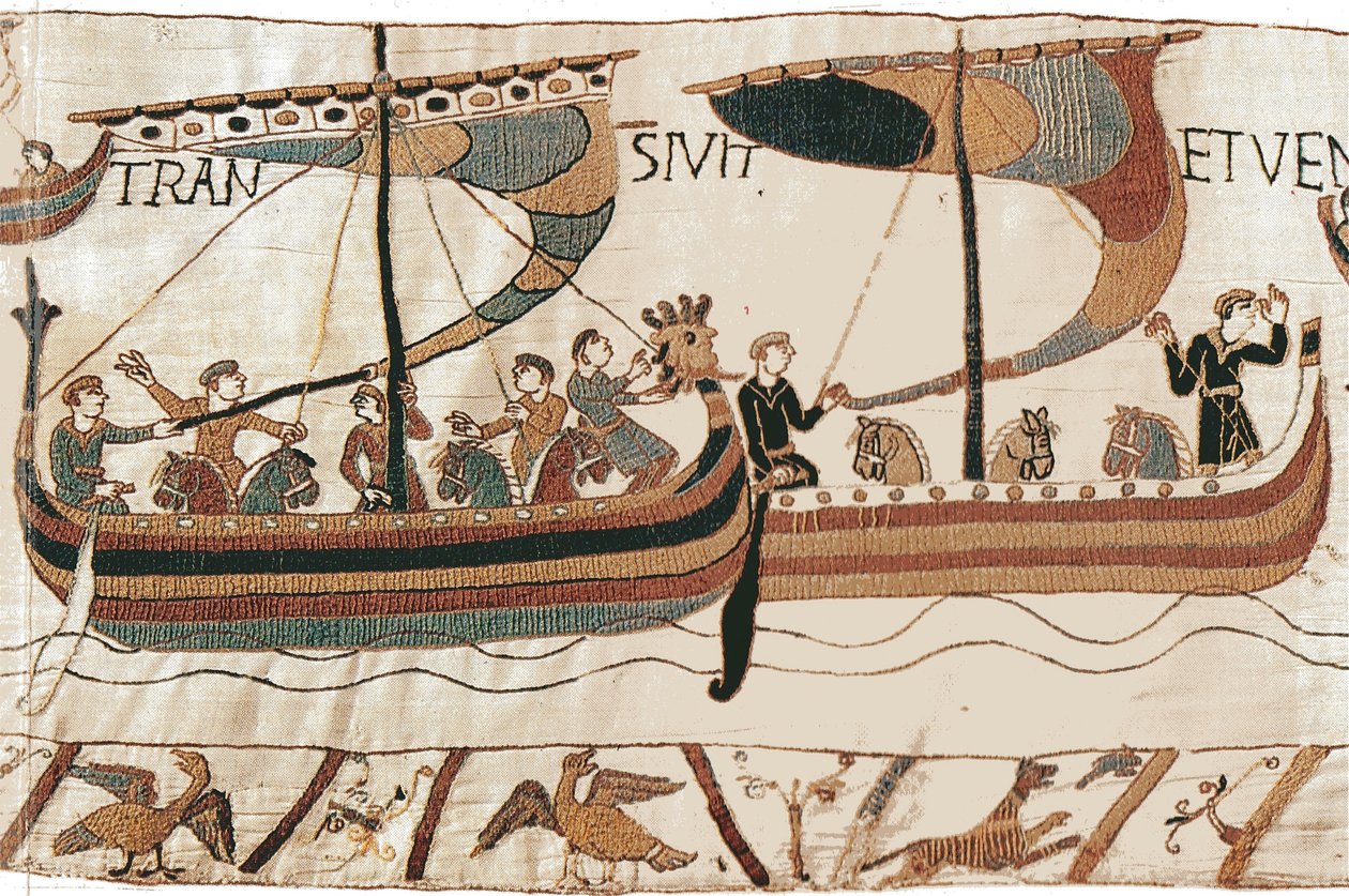 Duke William ja Normanin hyökkäyslaivasto ylittävät kanavan, Bayeux Tapestry tekijältä Unbekannt Unbekannt