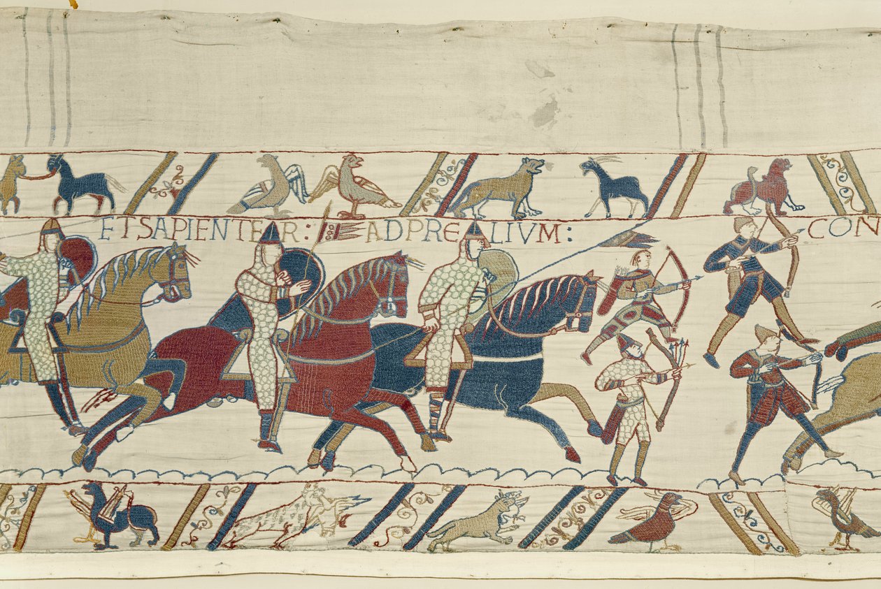 Herttua William kehottaa joukkojaan valmistautumaan miehekkäästi ja varovaisesti taisteluun Englannin armeijaa vastaan, Bayeux Tapestry tekijältä Unbekannt Unbekannt