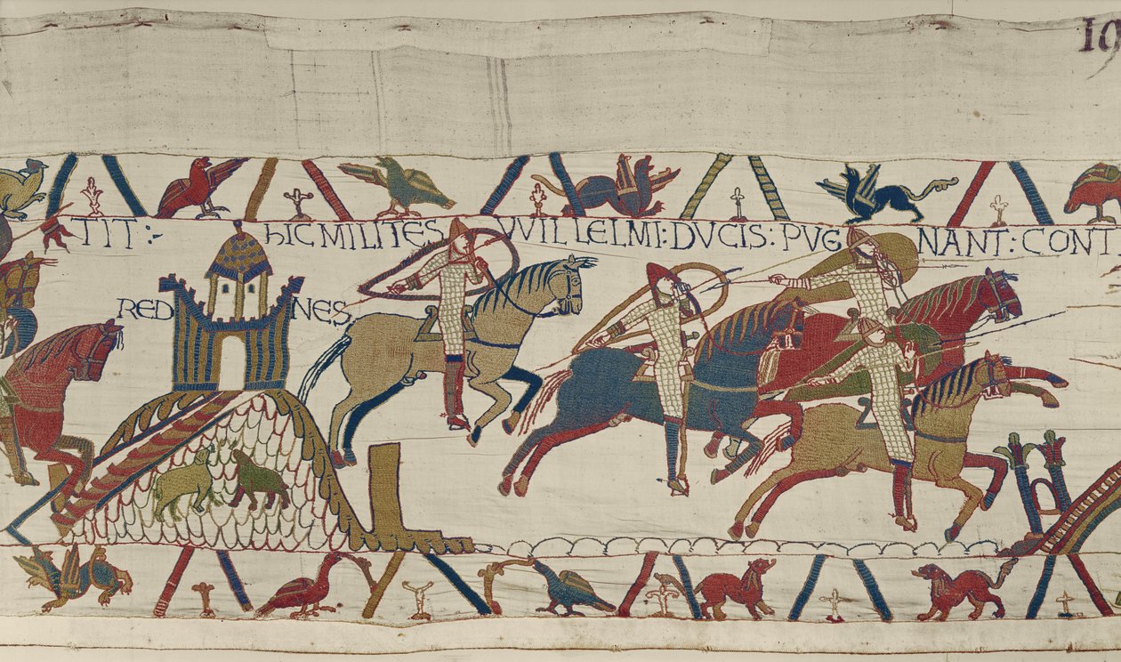 Herttua Williamin sotilaat ratsastavat Rennesin ohi takaamaan Bretagnen herttua Conania, Bayeux Tapestry tekijältä Unbekannt Unbekannt