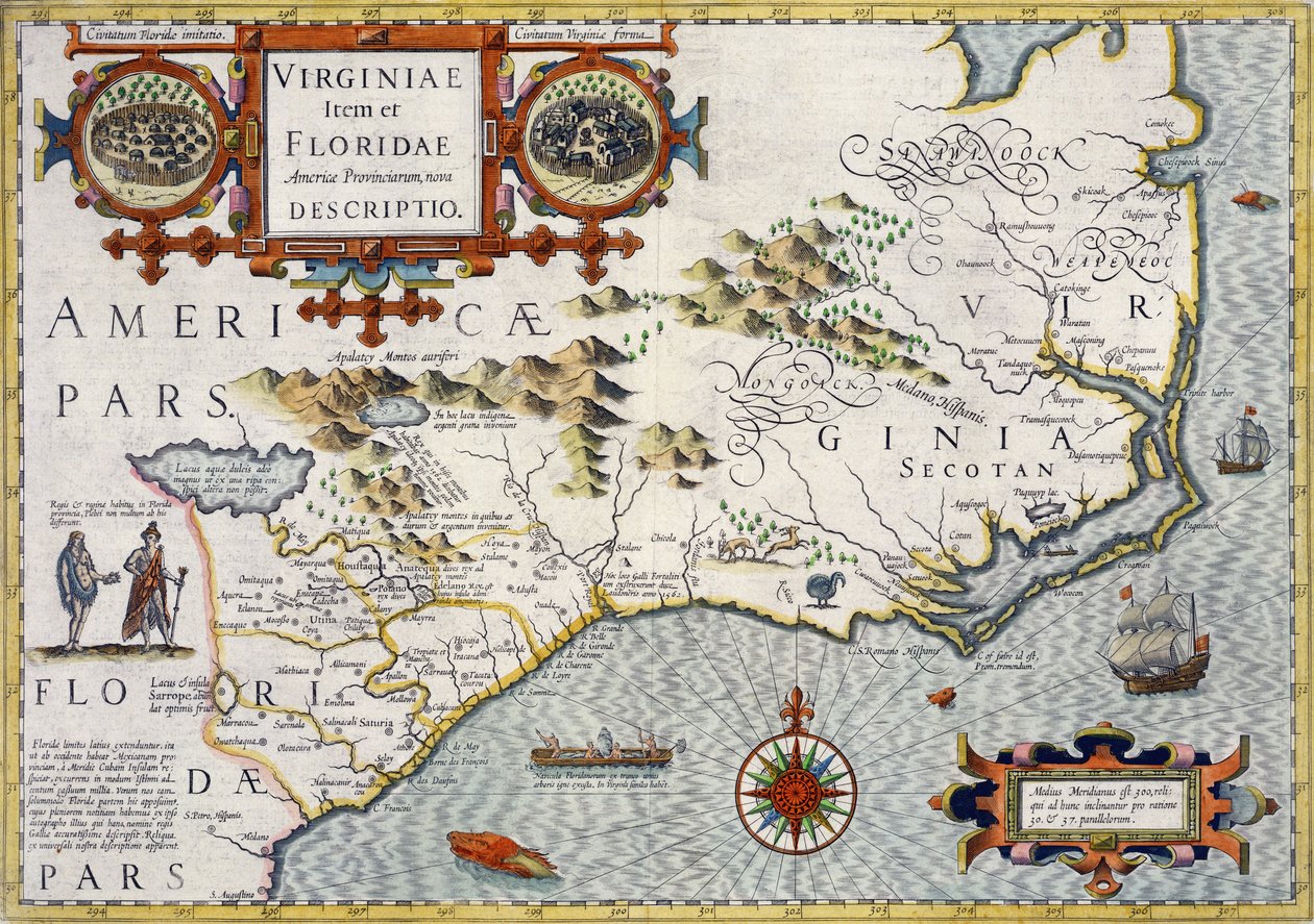 North Carolina, otsikko "Virginiae item et Floridae" Mercator "Atlas..." vuodelta 1606, pub. kirjoittanut Jodocus Hondius, 1619 tekijältä Unbekannt Unbekannt