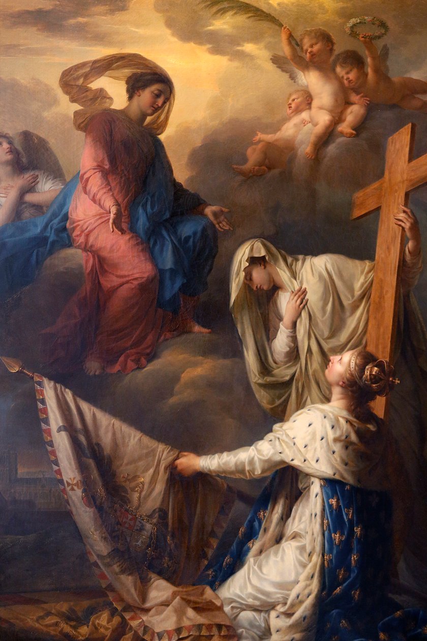 Notre-Dame du Val-de-Gracen katolinen kirkko, Pariisi, Ranska, Maalaus: "Uskontoon nojaava La France pyhittää Notre-Dame-des-Gloiresin lipuille" viholliselta otetut liput", Jean-Charles Nicaisen öljy kankaalle- Perrin, 1806, tilasi Napoleon I tekijältä Unbekannt Unbekannt