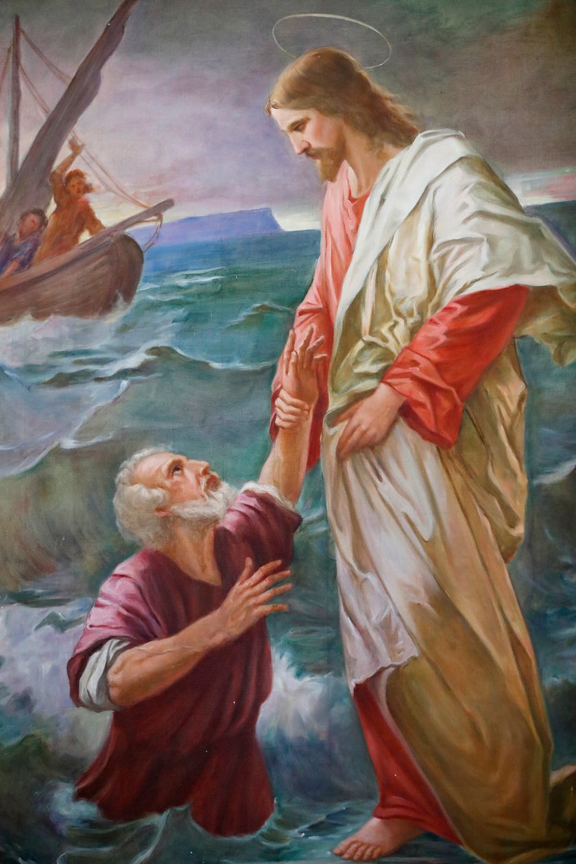 Saint-Gratin kirkko, maalaus, Pietari käveli veden päällä kohti Jeesusta, mutta hän pelästyi ja alkoi vajota, ja Jeesus pelasti hänet, Valgrisenche, Italia tekijältä Unbekannt Unbekannt