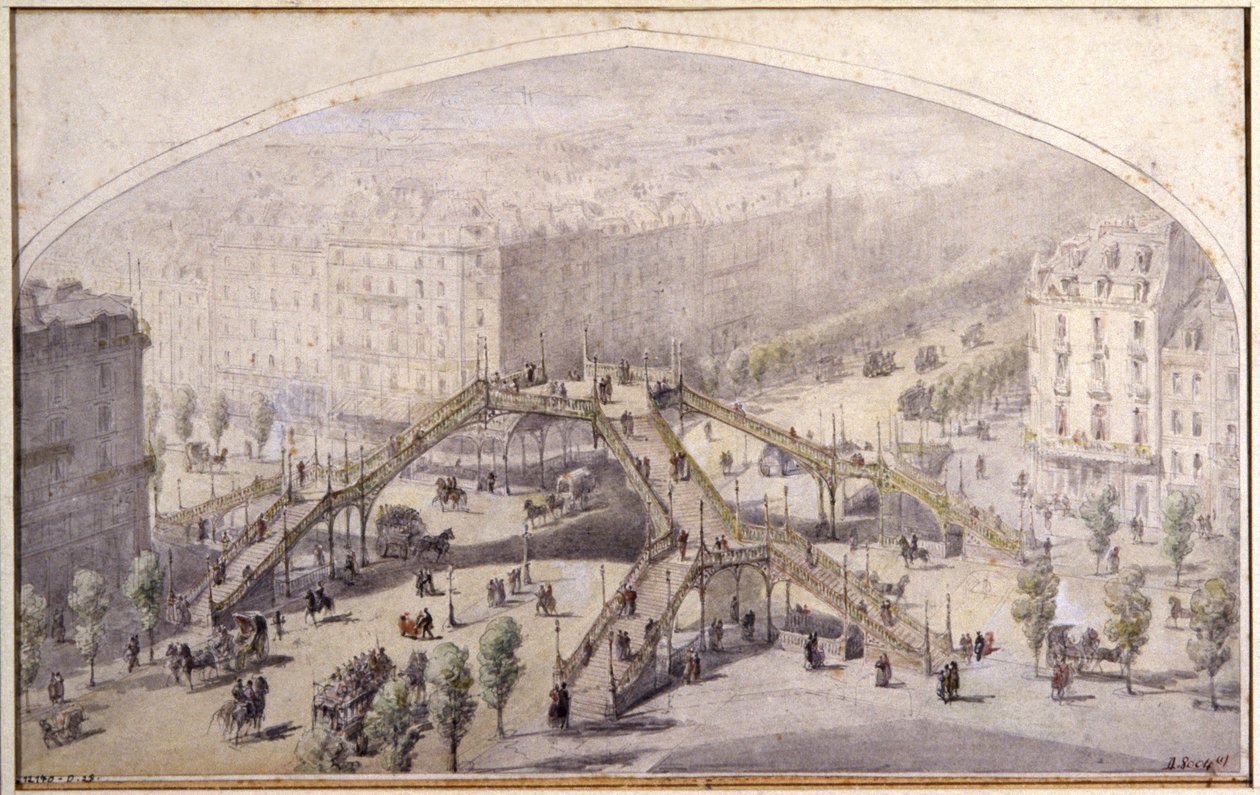 Kävelysilta Pariisissa, noin 1880 (piirustus) tekijältä Unbekannter Künstler