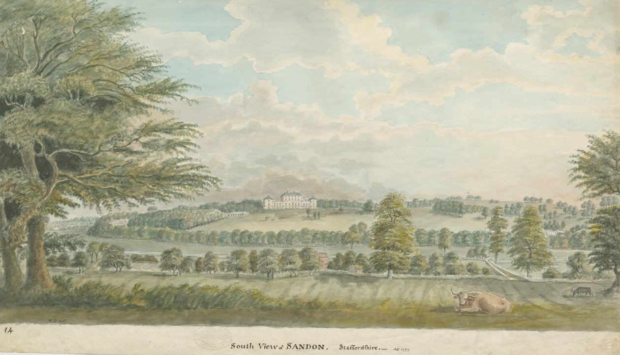 Sandon Hall: akvarellimaalaus, 1797 tekijältä Unbekannt