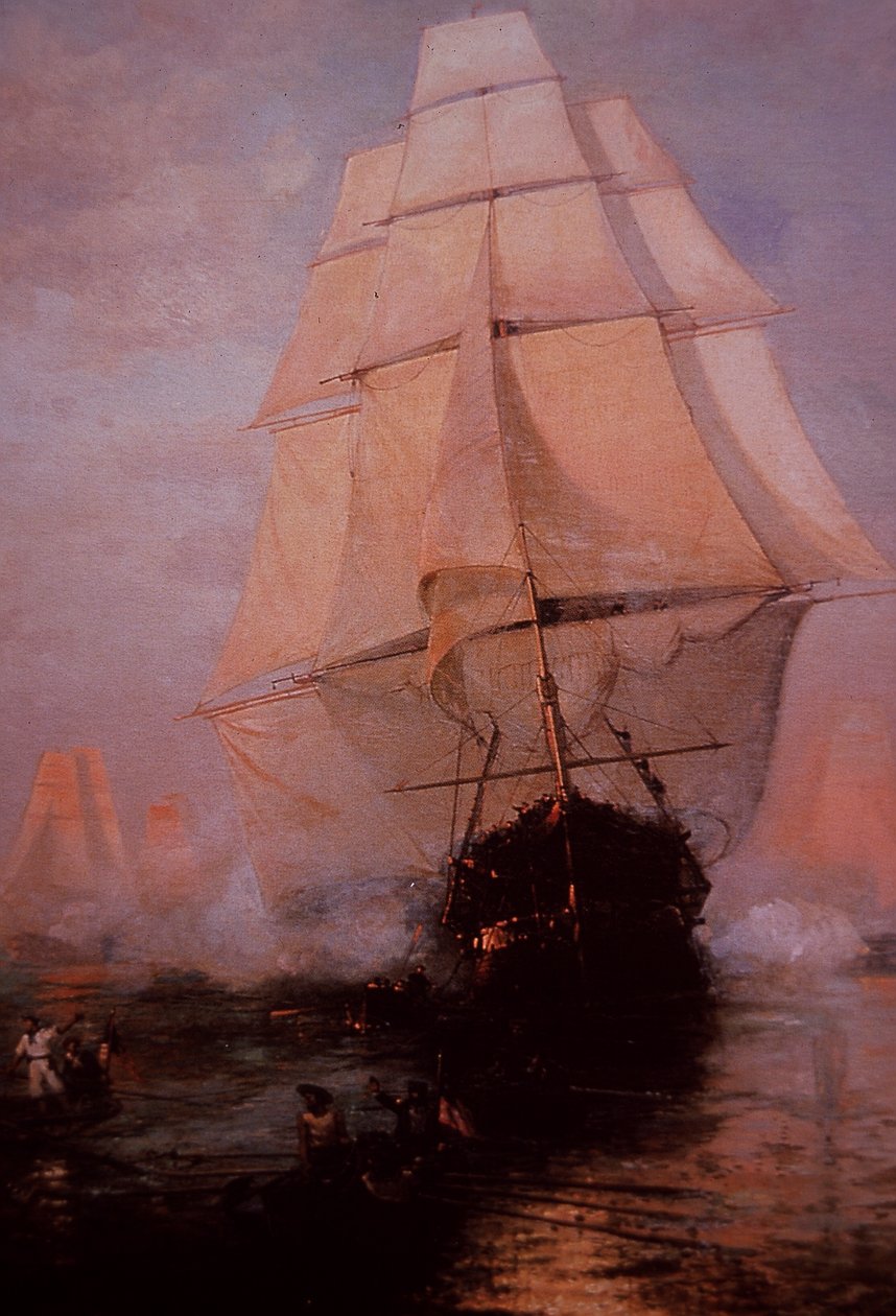 USS:n perustuslaki pakenee brittejä (väri litho) tekijältä Nicolas d
