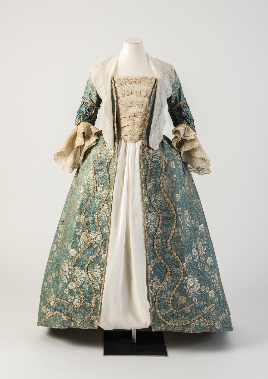 Sininen ja kermanvärinen kudottu silkki avoin viitta rypytetyillä kaapuilla, 1750-luku (silkki) tekijältä Unbekannt Unbekannt