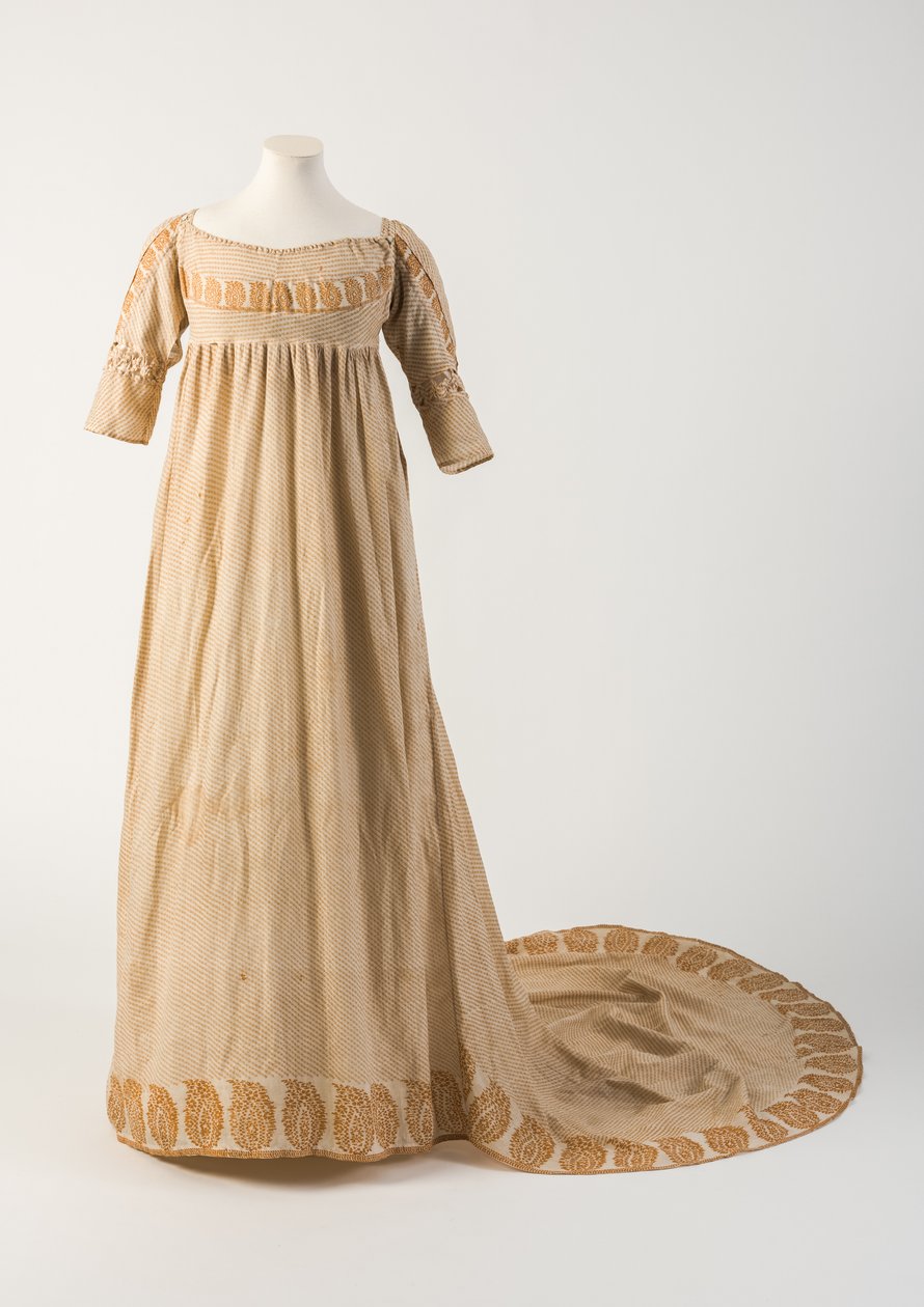 Oranssinkeltainen painettu puuvillatakki, jossa on käpy- tai patka-aihe, 1800 (puuvilla). tekijältä Unbekannt Unbekannt