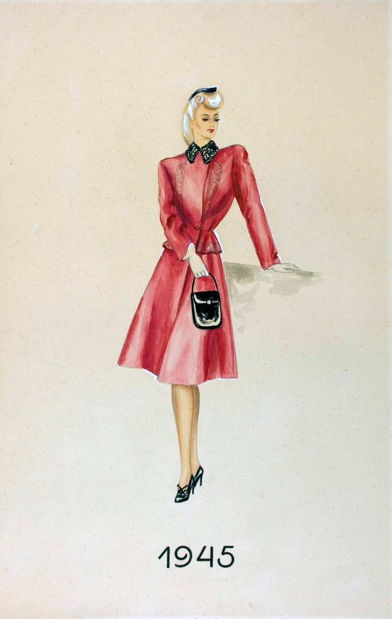 Malli puvussa, käsilaukku kädessään, 1945 tekijältä Unknown