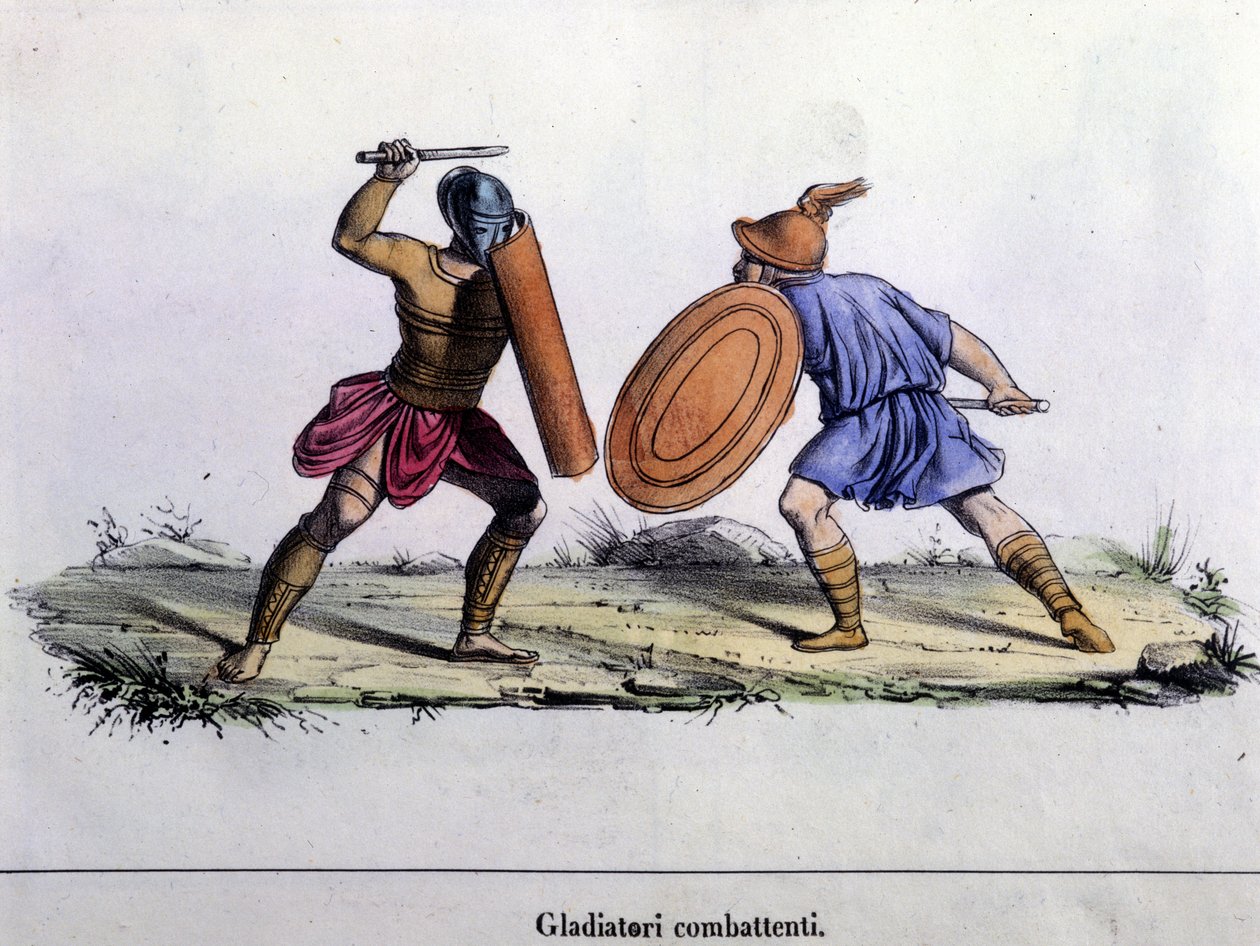 Gladiaattorin taistelu. 1800-luvun kaiverrus. tekijältä Unknown artist