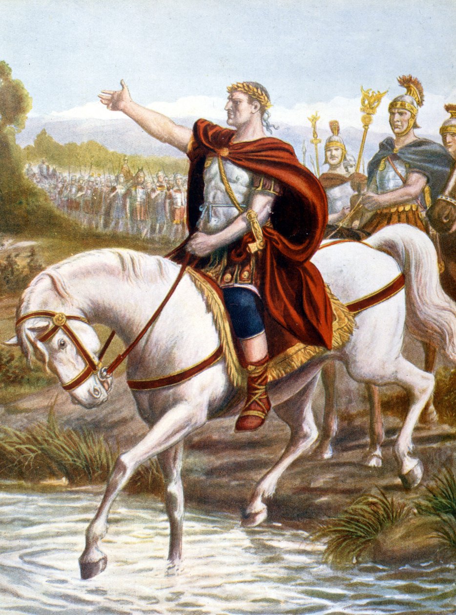Julius Caesar luovuttaa Rubiconin (kaiverrus) tekijältä Unknown artist