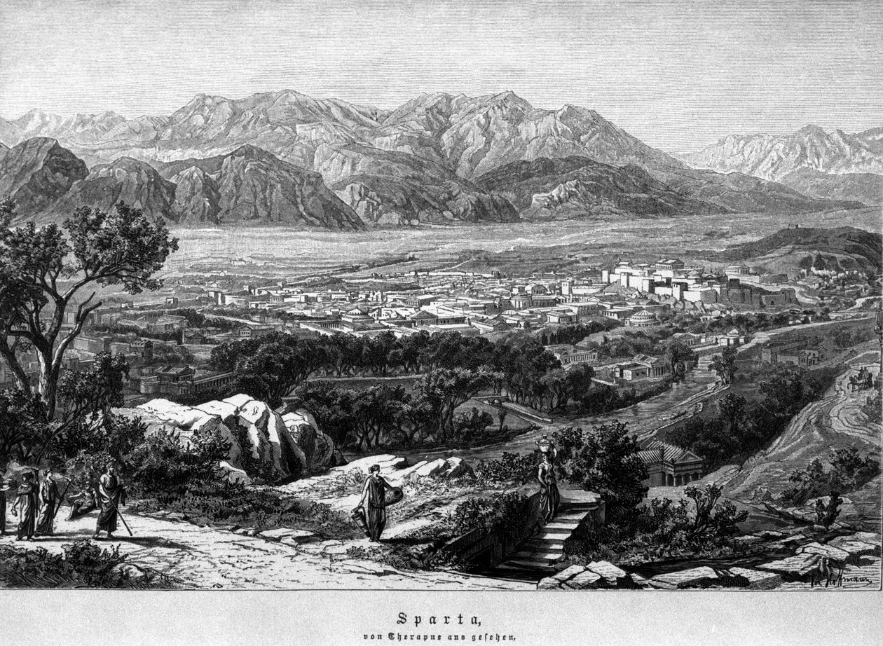 Näkymä Spartaan. 1800-luvun kaiverrus. tekijältä Unknown artist