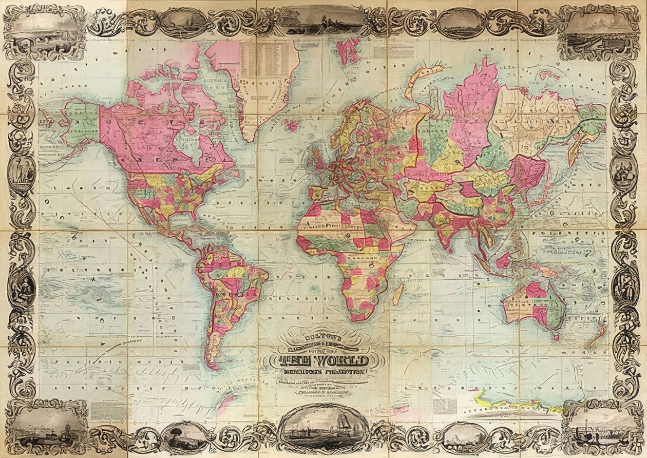 Maailmankartta Mercator-projektiossa. 1854 tekijältä Unknown