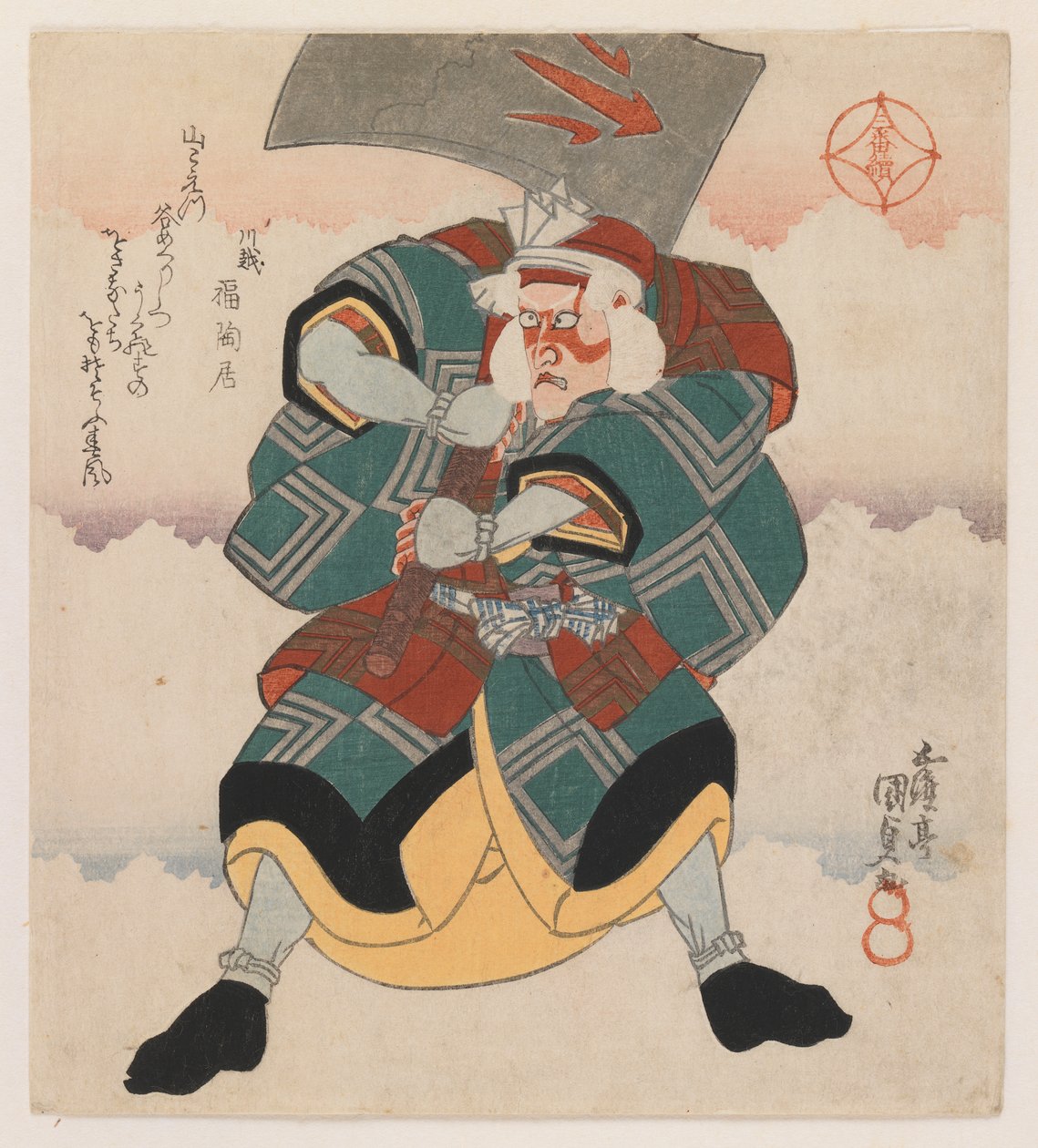 Ichikawa Danjuro VII kirvestä heiluttava valkokarvainen peruukki, 1825 (puukiviprintti, shikishiban-muoto, (oikea tryptyykin arkki), deluxe-painatus) tekijältä Utagawa 1786 1864 Kunisada