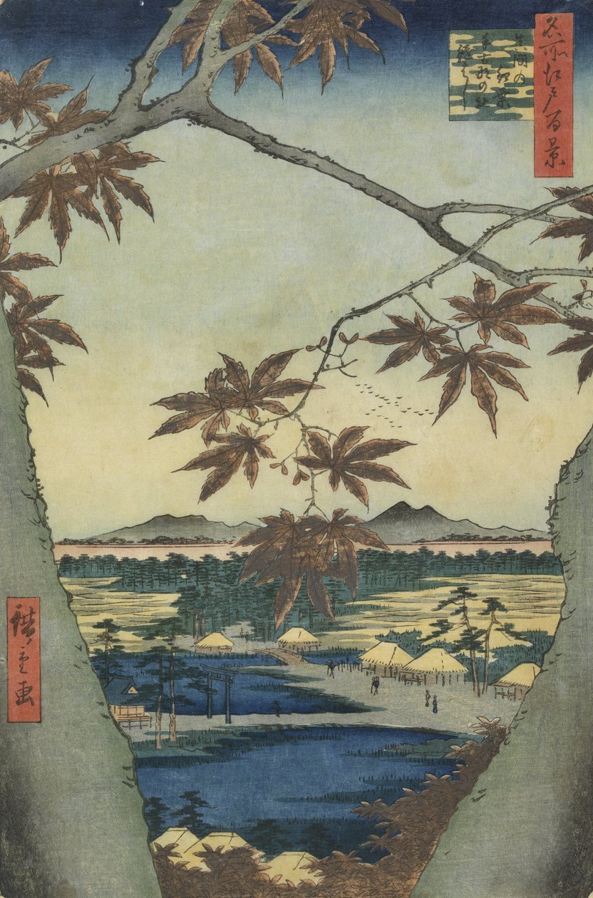 Maman vaahteranlehdet, Tekonan pyhäkkö ja Tsugin silta tekijältä Utagawa Hiroshige