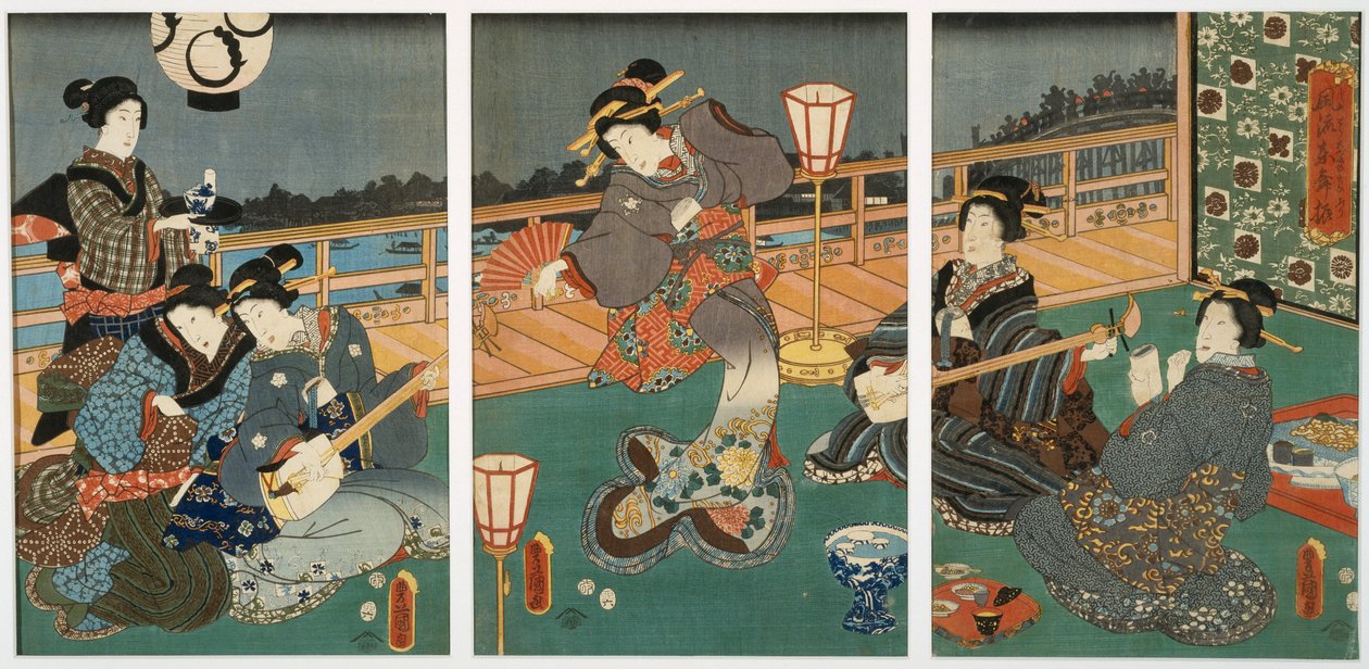 Courtesans Entertaining, triptyykki, 1800-luvun puoliväli (puupalikka mulperipaperilla) tekijältä Utagawa Kunisada