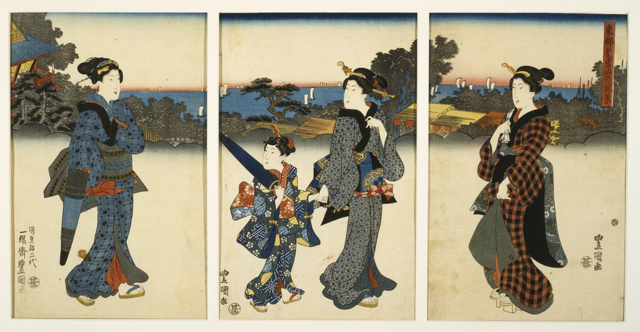Kurtisaanit Promenading by Sea, 1800-luvun puoliväli (puukiviprintti, triptyykki) tekijältä Utagawa Kunisada