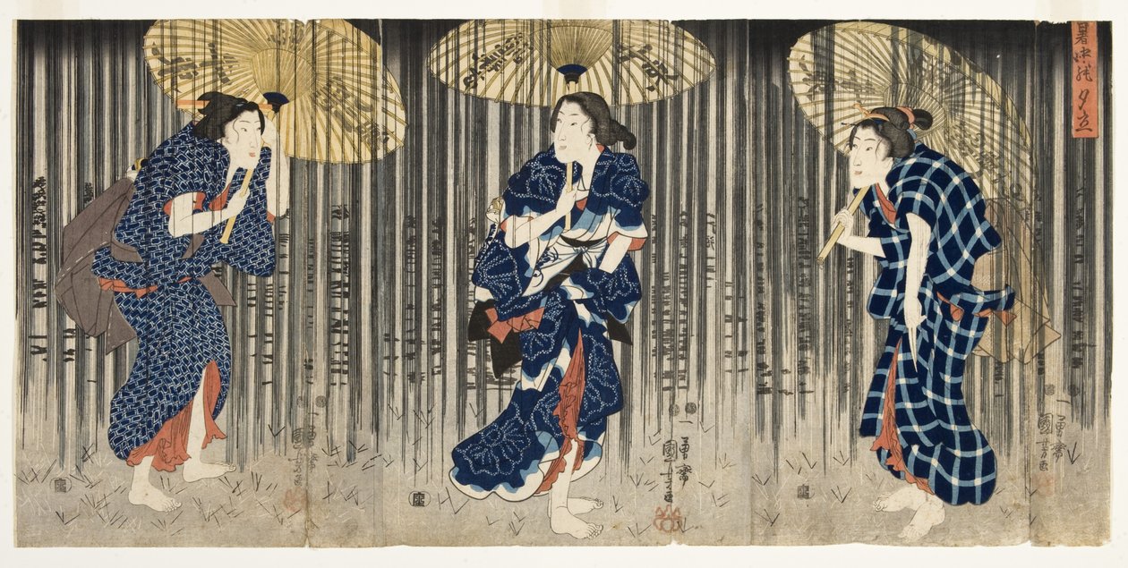 Sudden Shower in the Summer, n. 1849-51 (puupalikka) tekijältä Utagawa Kuniyoshi