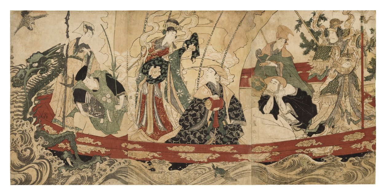 Näyttelijät seitsemänä onnenjumalana aarrelaivalla, 1800-05 (puupalikka) tekijältä Utagawa Toyokuni