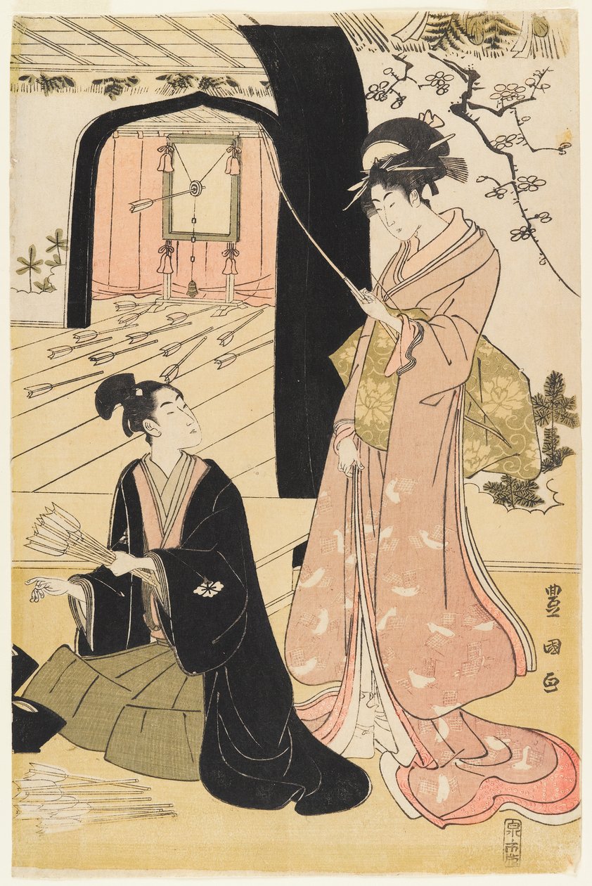 Nuoret samurai ja naispuoliset hoitajat harjoittelevat jousiammuntaa, puolet diptyykistä, n. 1800 (värillinen puupainatus) (pari numeroon 499358) tekijältä Utagawa Toyokuni