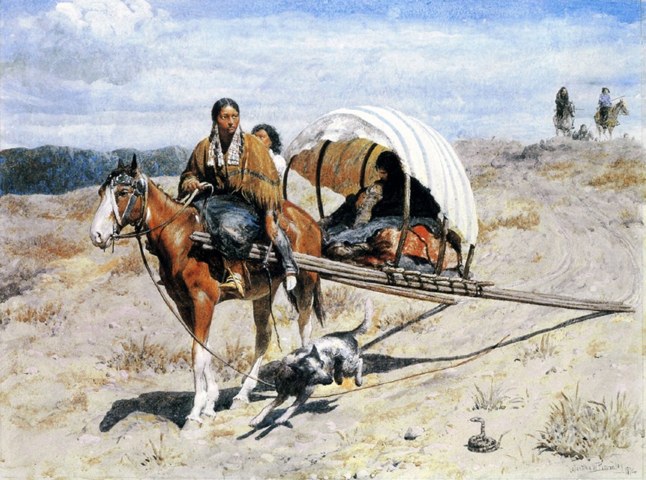 Indian Crow Family on the Trail, 1874 (wc, ouache ja muste paperille) tekijältä Valentine Walter Lewis Bromley