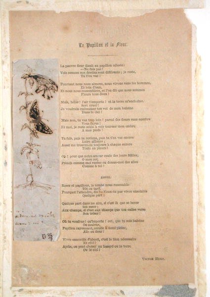 Le Papillon et la Fleur, runo, jossa on perhosia esittävä kuvitus teoksesta Les Chants du Crepuscule. tekijältä Victor Hugo